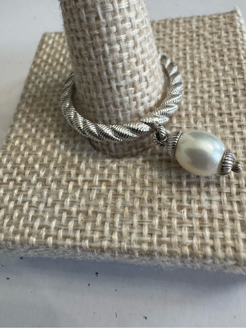 Judith Ripka 925 Silver Textured Twisted Band Ring w/ Beautiful Pearl Drop